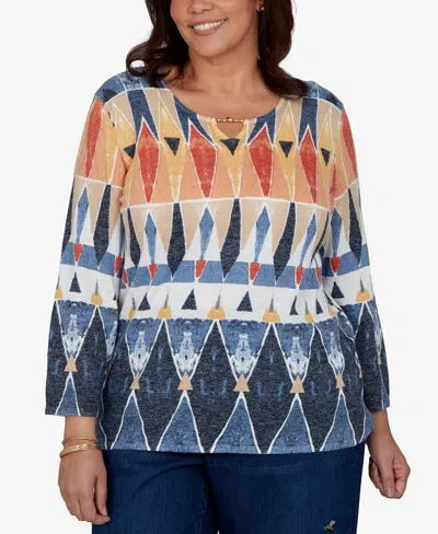 Alfred Dunner Plus Size 3/4-sleeve Geometric-print Keyhole Pullover Sweater In Blue Multi