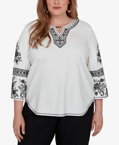 Alfred Dunner Plus Size 3/4-sleeve Keyhole Neck Cotton-blend Blouse In Ivory