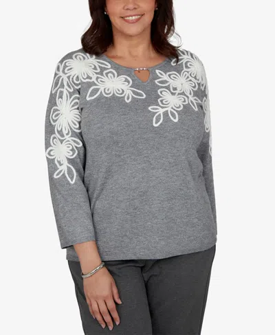 Alfred Dunner Plus Size 3/4-sleeve Keyhole Neck Floral Embroidery Sweater In Gray