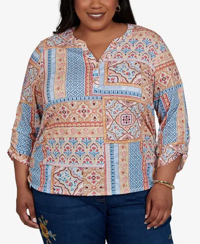 Alfred Dunner Plus Size 3/4-sleeve Patchwork-print Blouse In Blue Multi