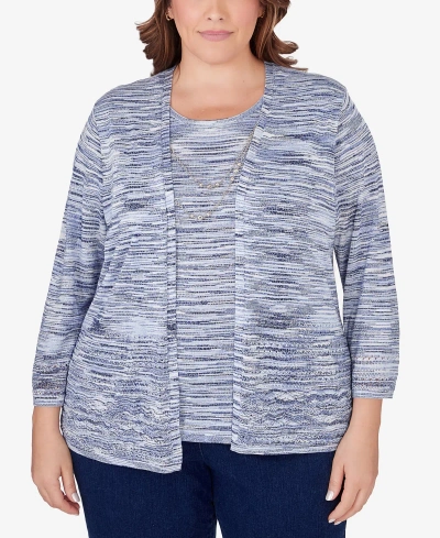 Alfred Dunner Plus Size A Fresh Start Space Dye Two In One Sweater With Necklace In Denim