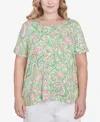 Alfred Dunner Plus Size Abstract Scroll Crew Neck Top In Green