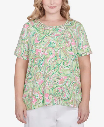 Alfred Dunner Plus Size Abstract Scroll Crew Neck Top In Green