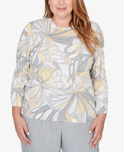 Alfred Dunner Plus Size Al Fresco Abstract Butterfly Ribbed Crew Neck Sweater In Gray