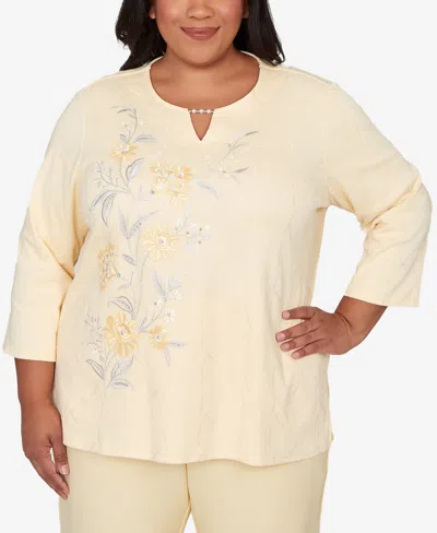 Alfred Dunner Plus Size Al Fresco Asymmetrical Floral Embroidered Textured Top In White