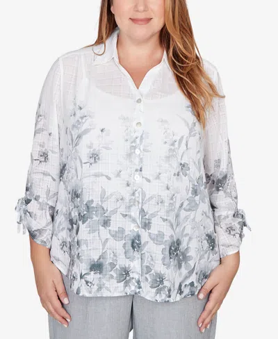 Alfred Dunner Plus Size Al Fresco Collared Watercolor Print Button Front Closure Top In Silver