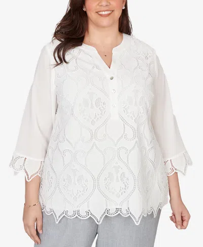 Alfred Dunner Plus Size Al Fresco Lace Cut Out Front Henley Top In White