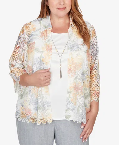 Alfred Dunner Plus Size Al Fresco Lace Floral Two In One Top With Necklace In White