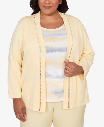 Alfred Dunner Plus Size Al Fresco Mother Of Pearl Stripe Two In One Sweater In Yellow