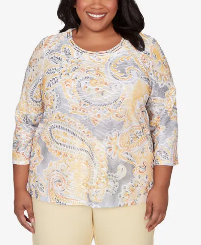 Alfred Dunner Plus Size Al Fresco Paisley Printed Patch Knit Top In White