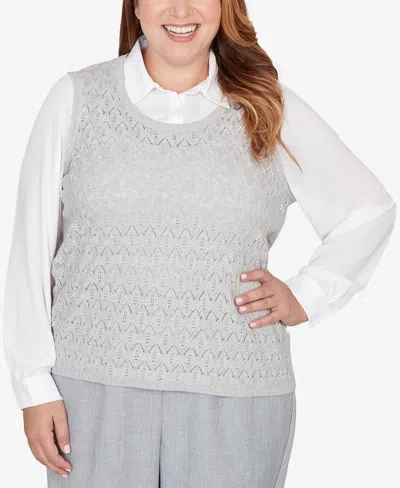 Alfred Dunner Plus Size Al Fresco Pointelle Mother Of Pearl Lace Two In One Sweater In Gray