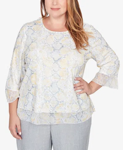 Alfred Dunner Plus Size Al Fresco Python Printed Knit Flutter Sleeve Top In White