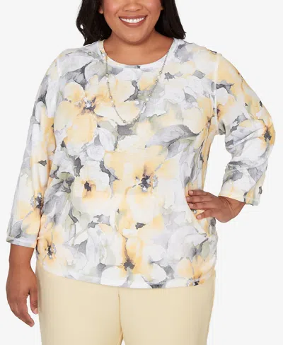 Alfred Dunner Plus Size Al Fresco Watercolor Floral Side Ruched Top With Necklace In White