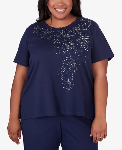 Alfred Dunner Plus Size All American Embellished Beaded Firework Top In Navy