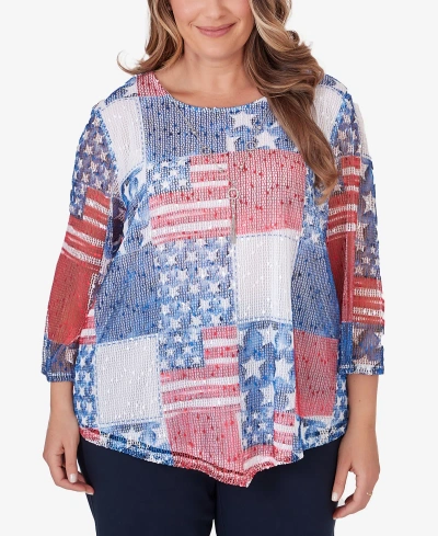 Alfred Dunner Plus Size All American Patchwork Flag Mesh Top With Necklace In Multi