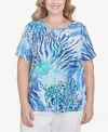 Alfred Dunner Plus Size Animal Printed Top With Ruched Sides In Blue