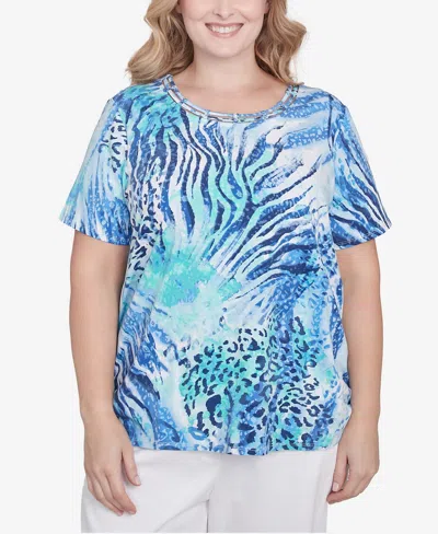 Alfred Dunner Plus Size Animal Printed Top With Ruched Sides In Blue