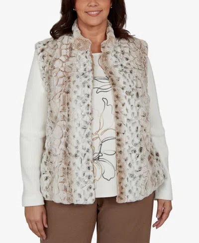 Alfred Dunner Plus Size Animal-print Mock Neck Short Faux Fur Teddy Jacket In Cream