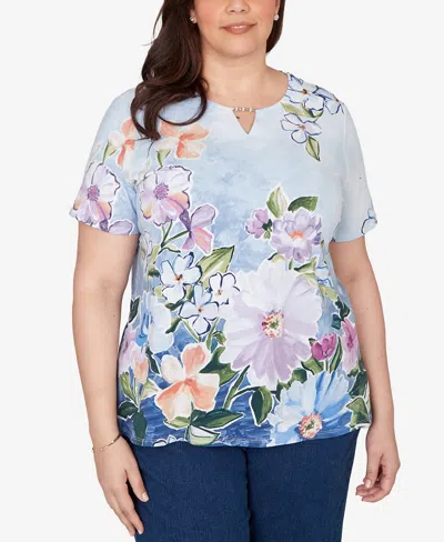 Alfred Dunner Plus Size Artisan Floral Split Neck T-shirt In Blue