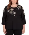 Alfred Dunner Plus Size As Usual Gold Floral Embroidered Three Quarter Sleeve Top In Black