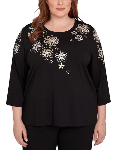 Alfred Dunner Plus Size As Usual Gold Floral Embroidered Three Quarter Sleeve Top In Black