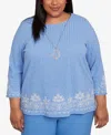 Alfred Dunner Plus Size As Usual Medallion Bordered Periwinkle Pull On Top With Necklace