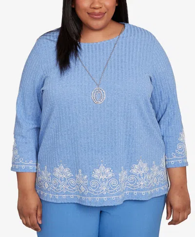 Alfred Dunner Plus Size As Usual Medallion Bordered Periwinkle Pull On Top With Necklace