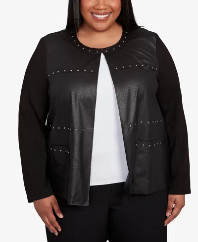 Alfred Dunner Plus Size As Usual Sweater Trim Pull On Jacket In Black
