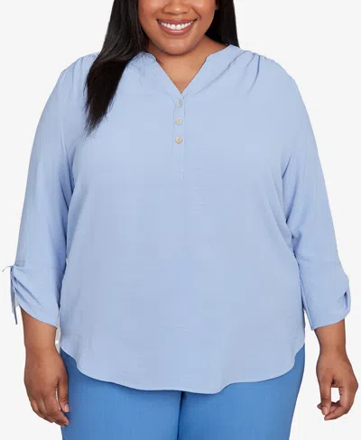Alfred Dunner Plus Size As Usual Tie Sleeve Crinkle Textured Henley Top
