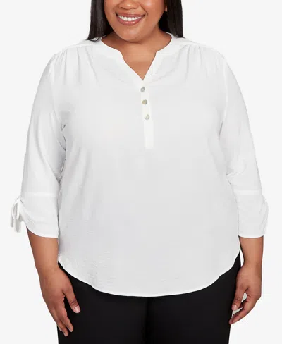 Alfred Dunner Plus Size As Usual Tie Sleeve Crinkle Textured Henley Top In White