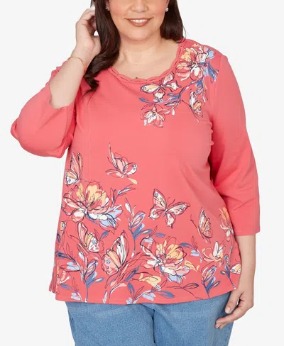 Alfred Dunner Plus Size Austin Asymmetric Etched Floral Knit Top In Pink