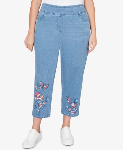 Alfred Dunner Plus Size Austin Butterfly Floral Printed Super Stretch Denim Ankle Pants In Blue