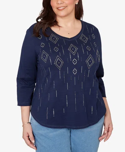 Alfred Dunner Plus Size Austin Diamond Geometric Heat Set Knit Top In Blue