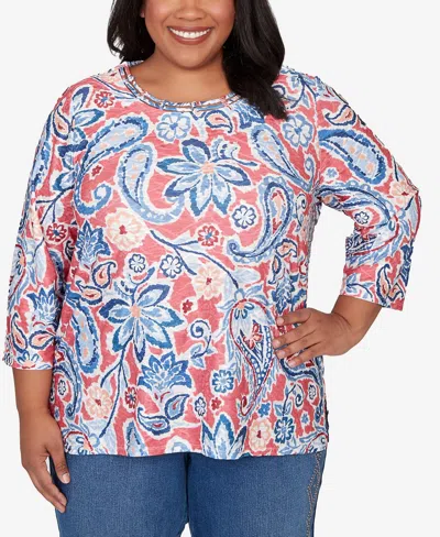 Alfred Dunner Plus Size Austin Embellished Paisley Floral Crew Neck Top In Pink