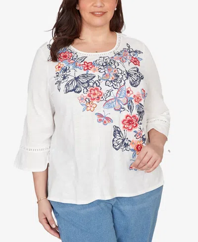Alfred Dunner Plus Size Austin Embroidered Butterfly Crew Neck Knit Top In White