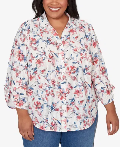 Alfred Dunner Plus Size Austin Etched Floral Butterfly Button Down Top In Multi