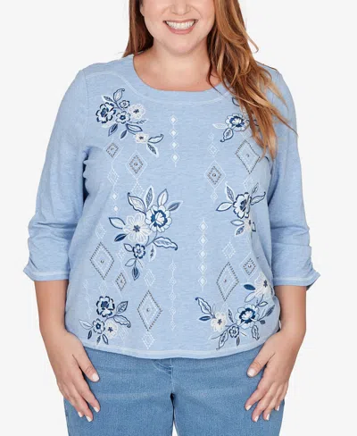Alfred Dunner Plus Size Austin Floral Diamond Embroidered Knit Top In Blue