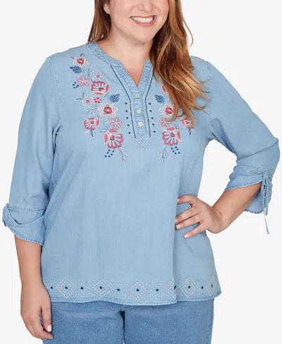 Alfred Dunner Plus Size Austin Floral Embroidered Tie Sleeve Henley Top In Blue