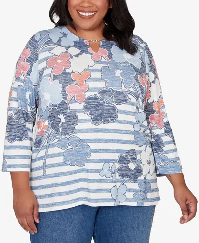 Alfred Dunner Plus Size Austin Stripe Floral Split Neck Knit Top In Multi