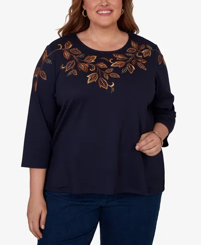 Alfred Dunner Plus Size Autumn Embroidered Navy Knit Top In Blue