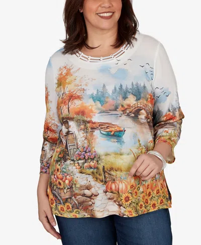 Alfred Dunner Plus Size Autumn Lake Scenic Print Top In Multi