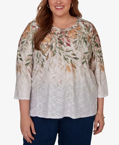 Alfred Dunner Plus Size Autumn Leaves Braided Neck Top In Multi
