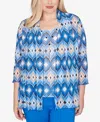 Alfred Dunner Plus Size Barcelona Geometric Mesh 2-in-1 Top With Necklace In Blue