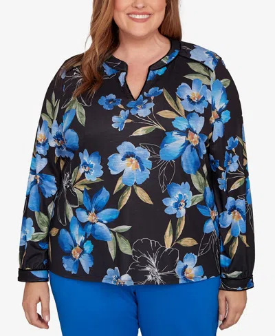 Alfred Dunner Plus Size Barcelona Watercolor Floral Velvet Trim Top In Black