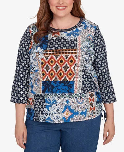 Alfred Dunner Plus Size Batik Patchwork Drawstring Closure Top In Blue
