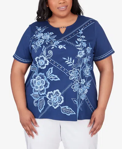 Alfred Dunner Plus Size Bayou Monotone Embroidery Top In Blue