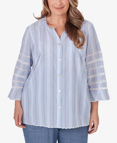 Alfred Dunner Plus Size Bayou Pinstripe Embroidered Button Down Top In Blue