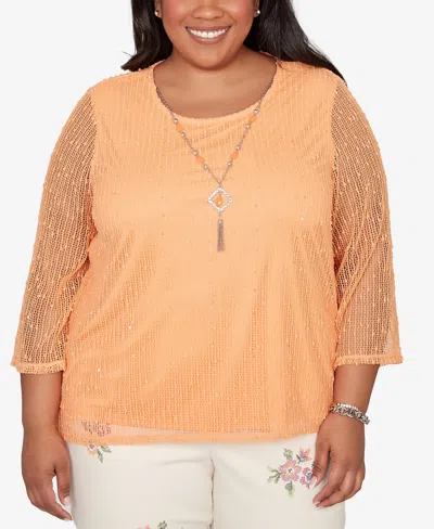 Alfred Dunner Plus Size Beachcomber Bright Popcorn Mesh Top With Necklace In Orange