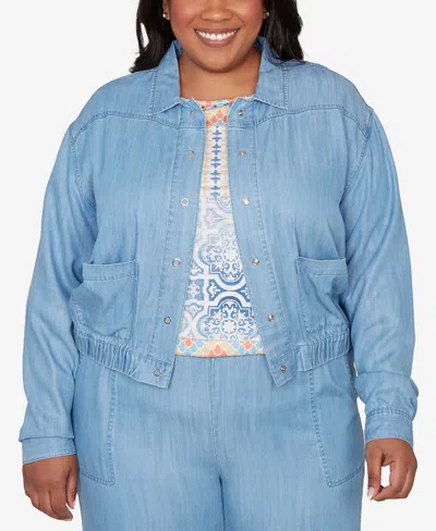 Alfred Dunner Plus Size Beachcomber Casual Elastic Lyocell Shirt Jacket In Blue