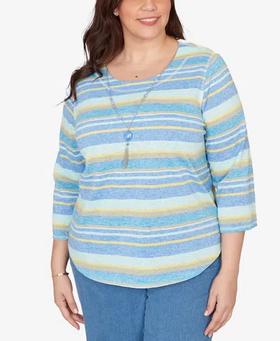 Alfred Dunner Plus Size Beachcomber Coastal Striped Top With Necklace In Blue